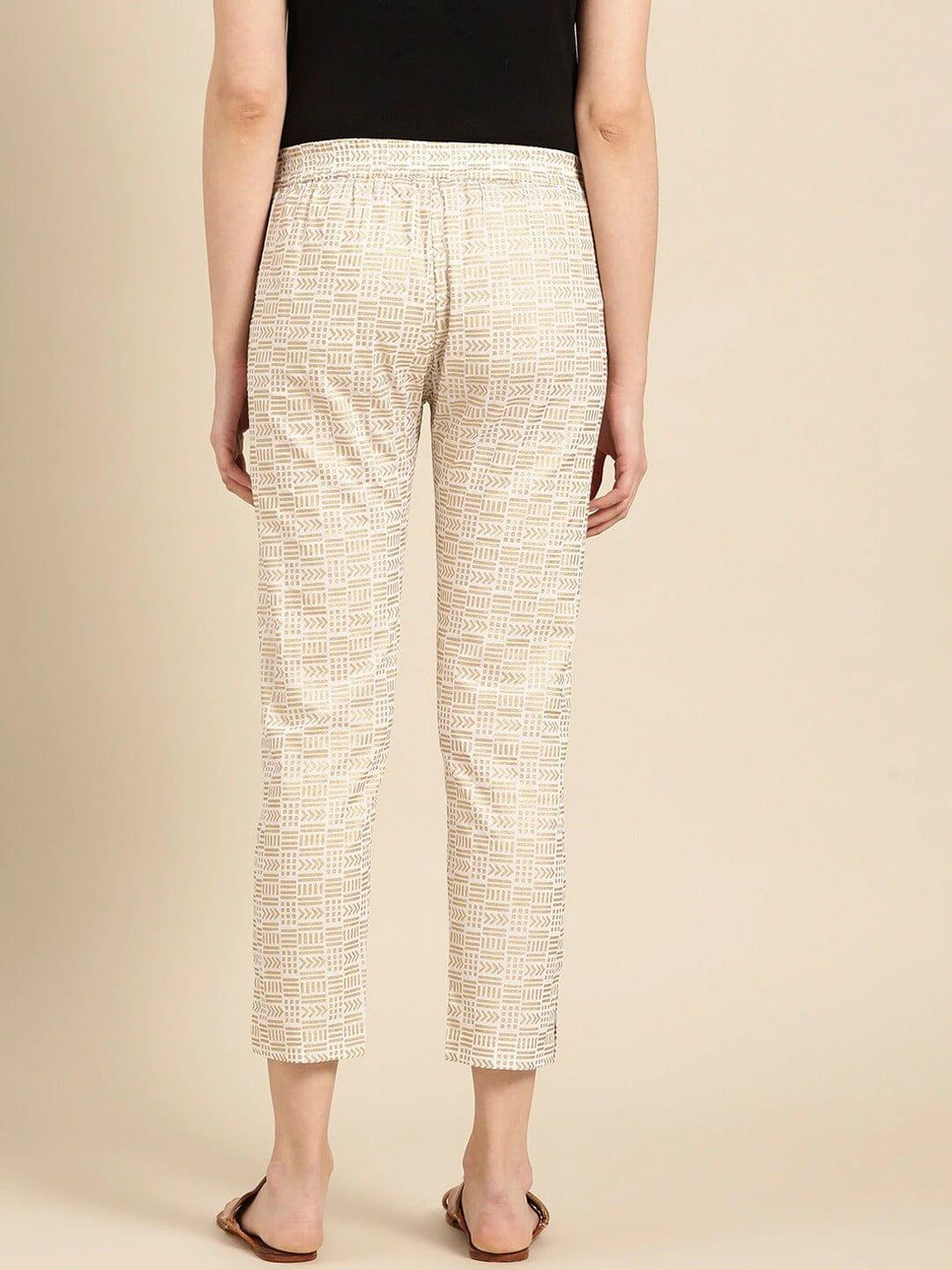 Off White & Gold-Toned Printed Regular Trousers - Indiakreations