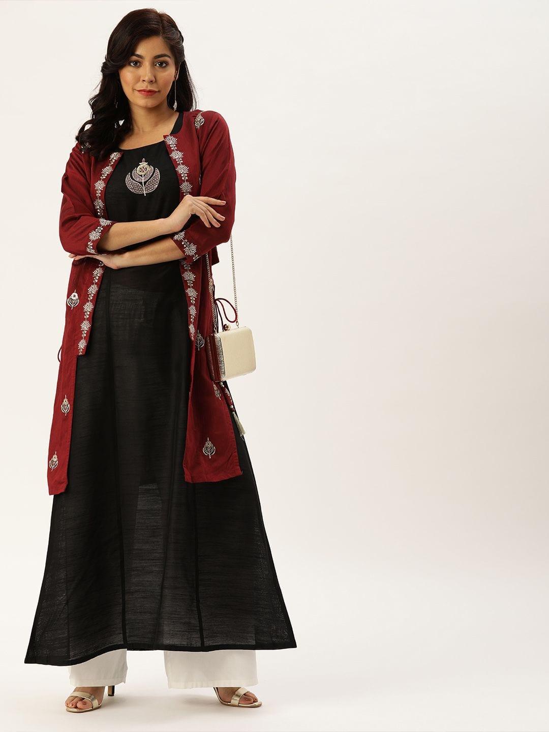 Women Black Solid A-Line Kurta With Maroon Jacket - Indiakreations