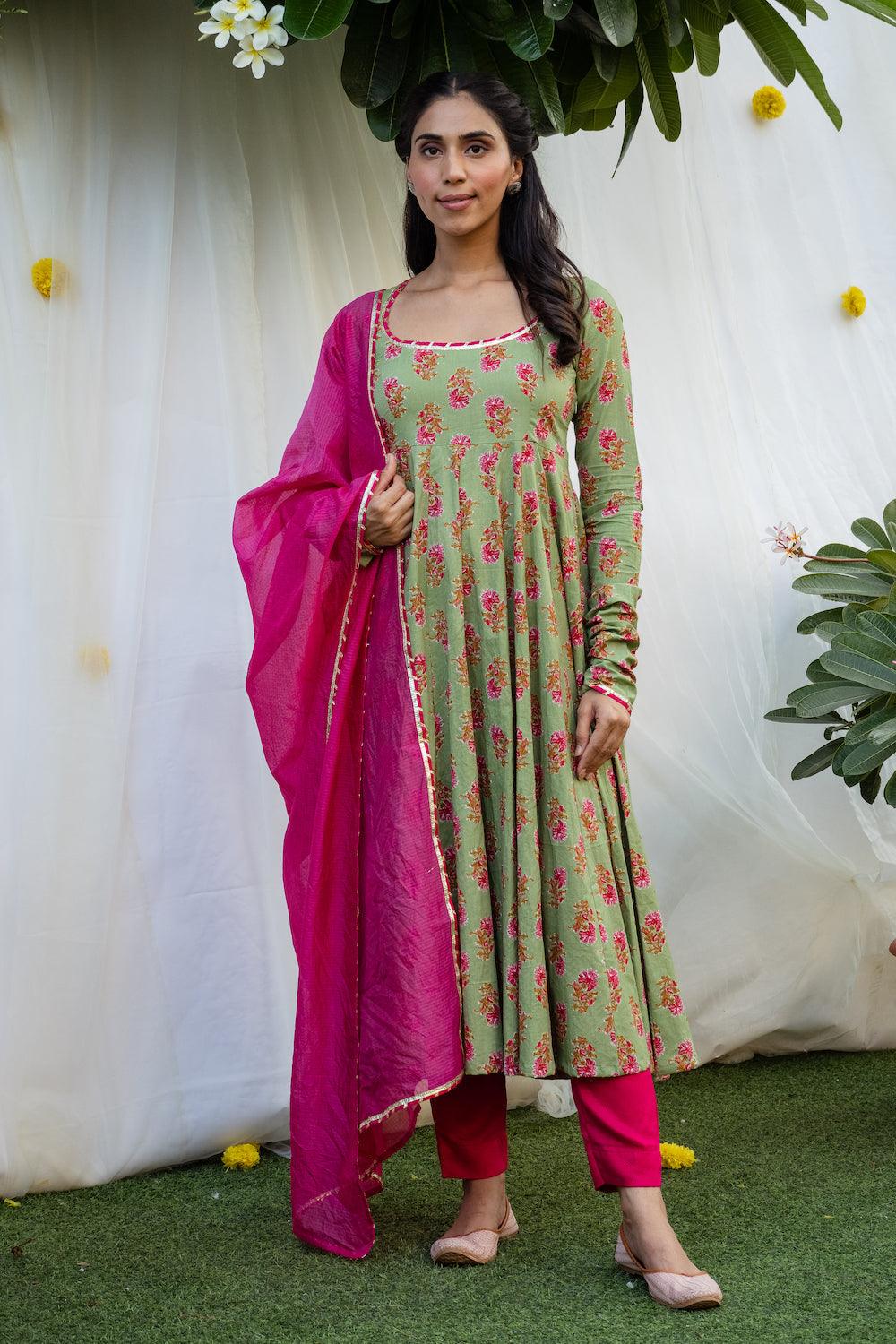 Mehfil Pista Green Anarkali Set - Indiakreations