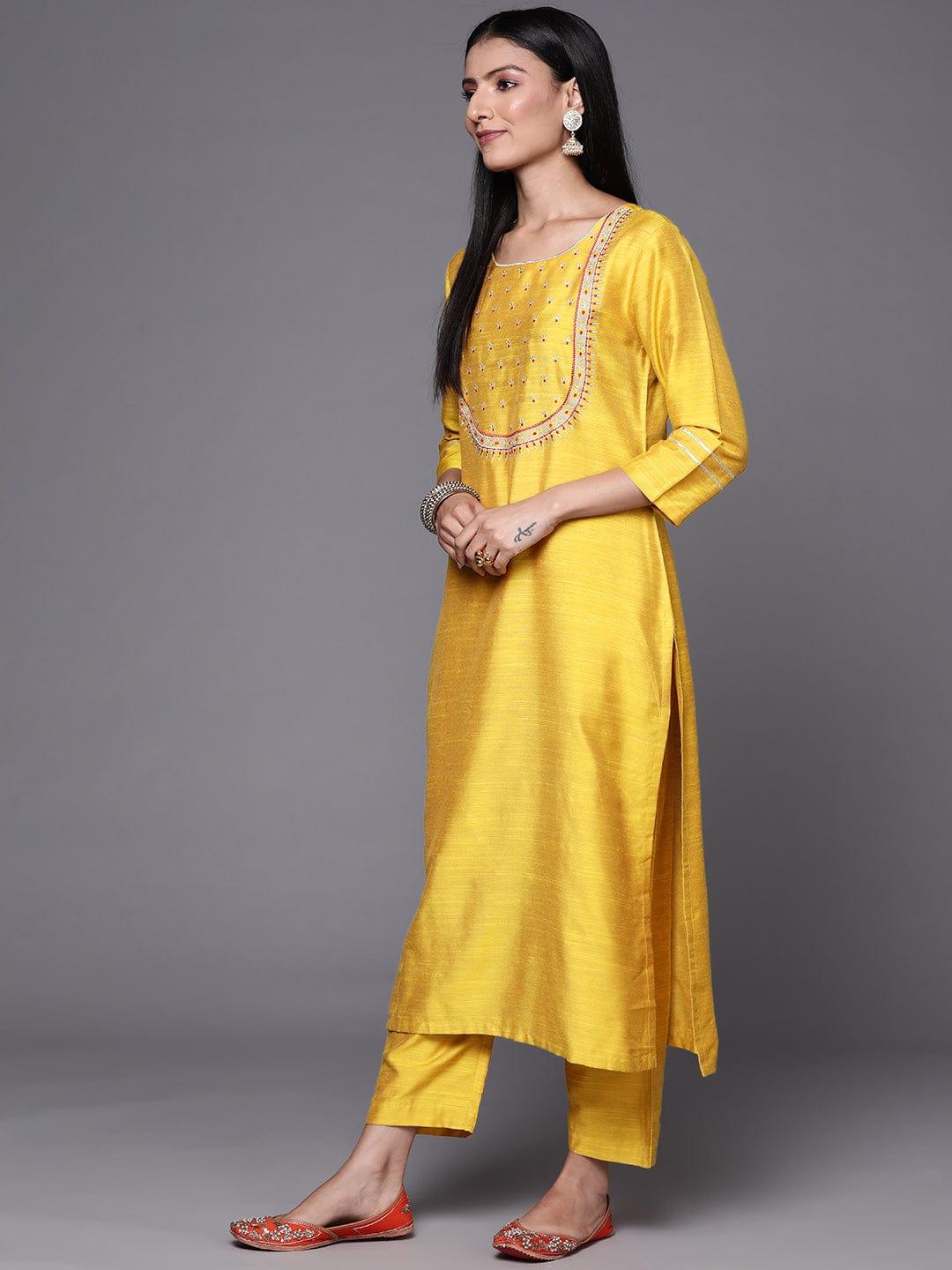 Varanga Women Mustard Yellow Ethnic Motifs Embroidered Kurta with Trousers & With Dupatta - Indiakreations