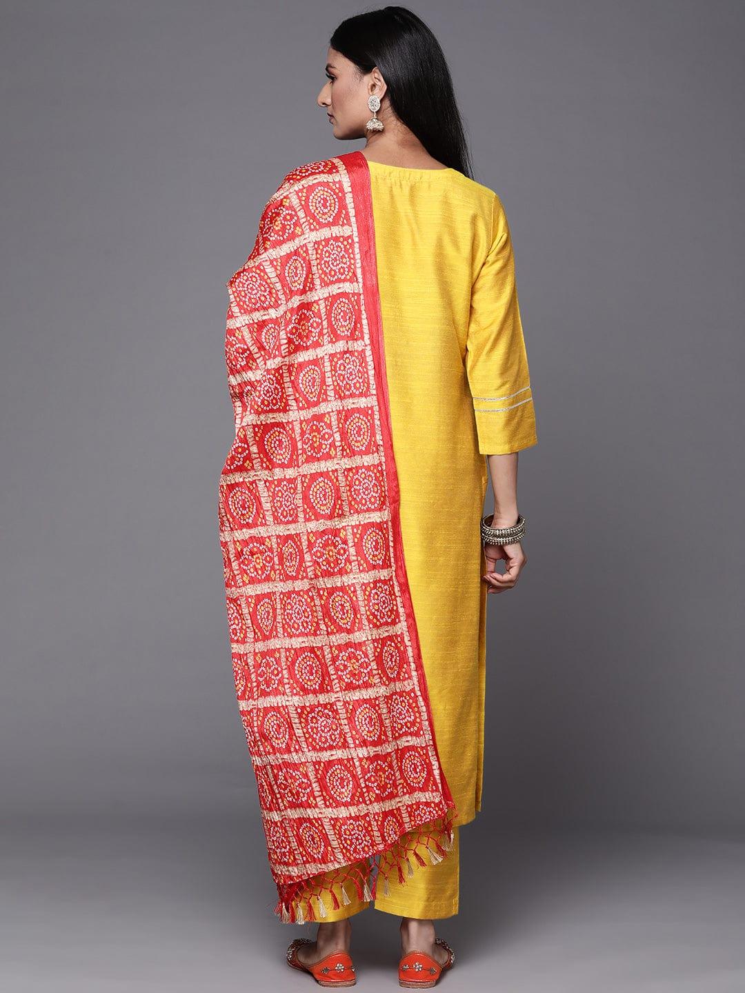 Varanga Women Mustard Yellow Ethnic Motifs Embroidered Kurta with Trousers & With Dupatta - Indiakreations