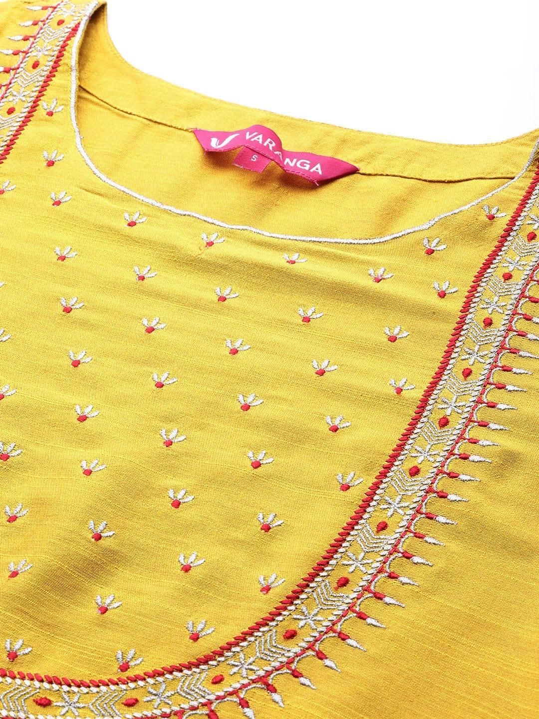 Varanga Women Mustard Yellow Ethnic Motifs Embroidered Kurta with Trousers & With Dupatta - Indiakreations