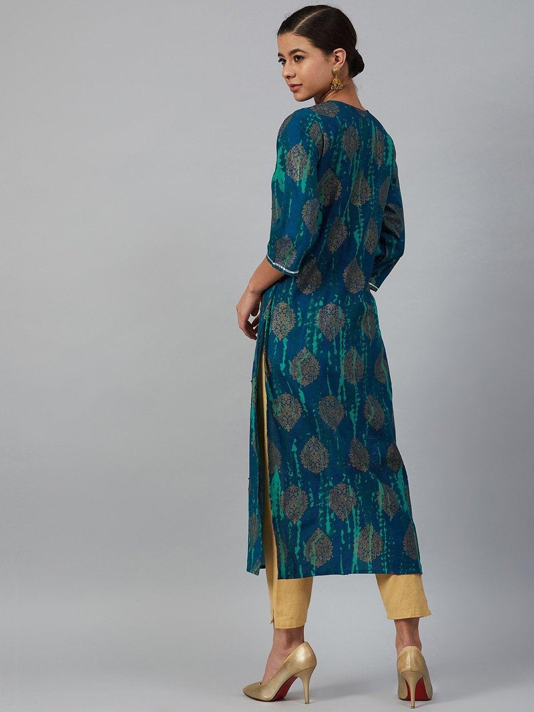 Women's Navy Blue & Green Printed Straight Kurta - Meeranshi - Indiakreations