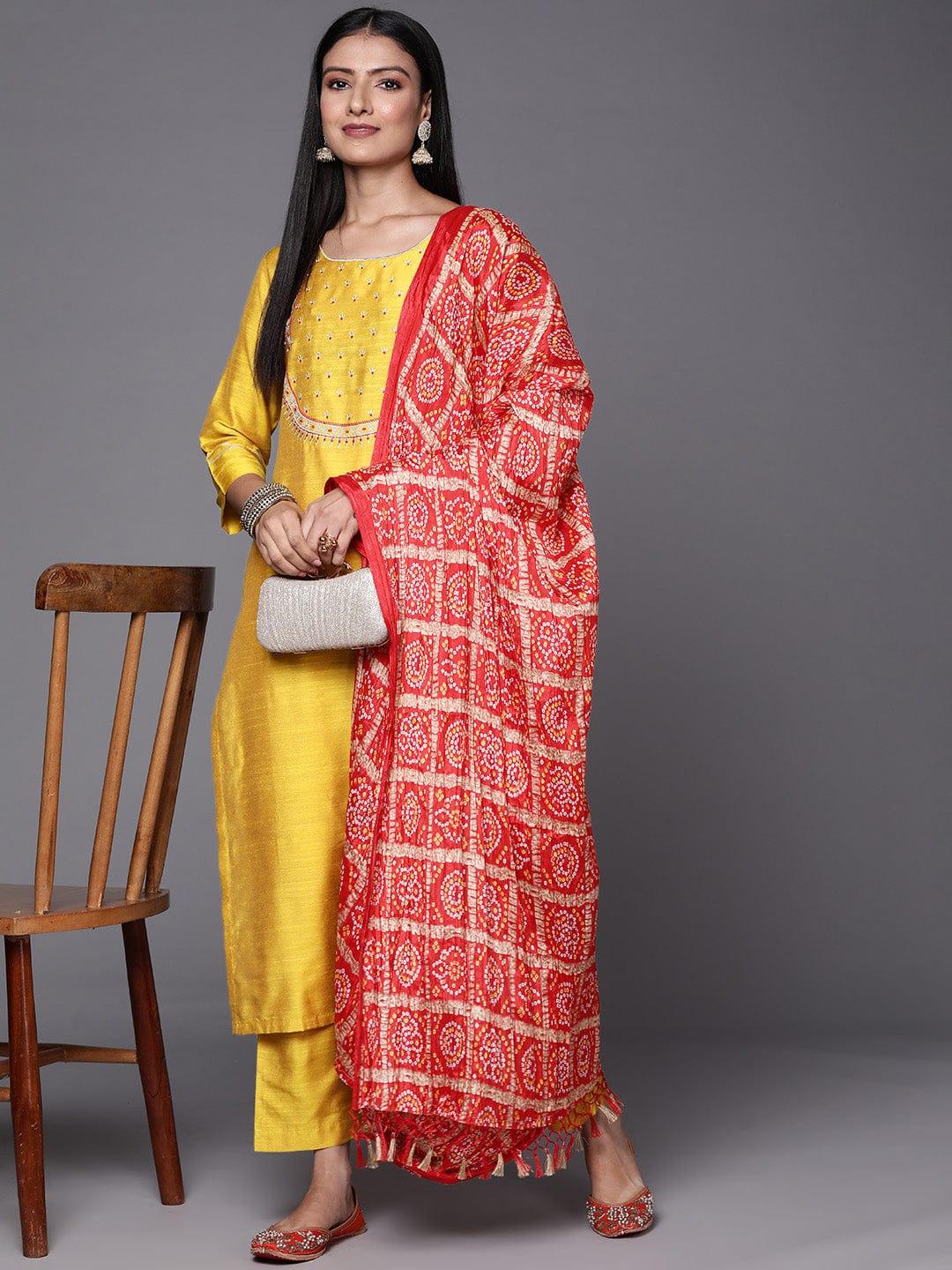 Varanga Women Mustard Yellow Ethnic Motifs Embroidered Kurta with Trousers & With Dupatta - Indiakreations