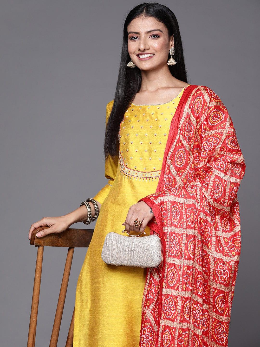 Varanga Women Mustard Yellow Ethnic Motifs Embroidered Kurta with Trousers & With Dupatta - Indiakreations