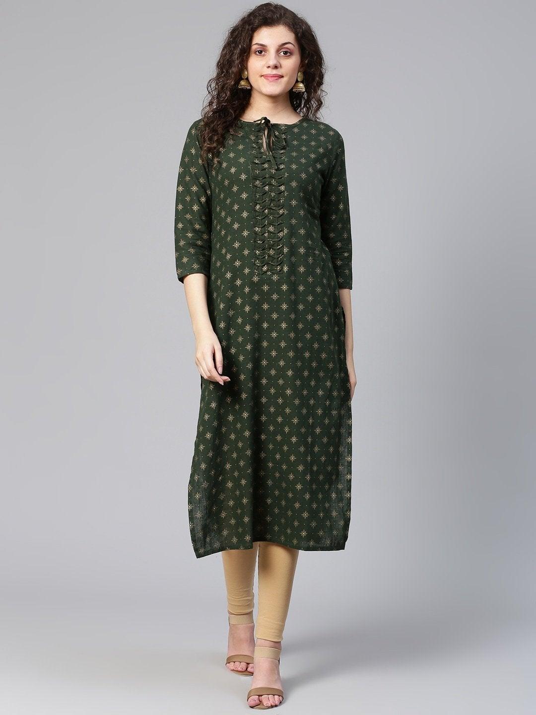 Women's Green & Golden Printed Straight Kurta - Meeranshi - Indiakreations