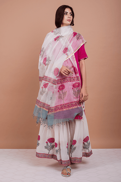 Goonj Rani Pink Mukaish Kurta with marigold Block printed Sharara- set of 3 RTS - Indiakreations