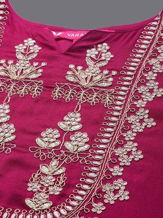 Varanga magenta kurta with dori and zari embroidered yoke paired with organza dupatta and straight trouser - Indiakreations