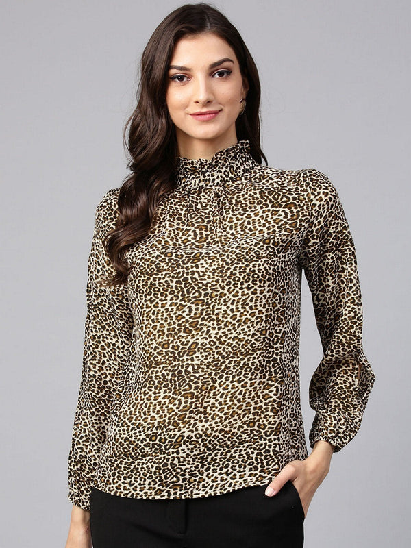 Women's Animal Print Ruffle Neck Top - Pannkh