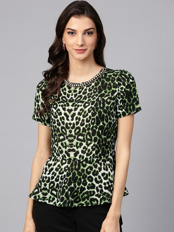 Women's Animal Print Embellished Peplum Top - Pannkh