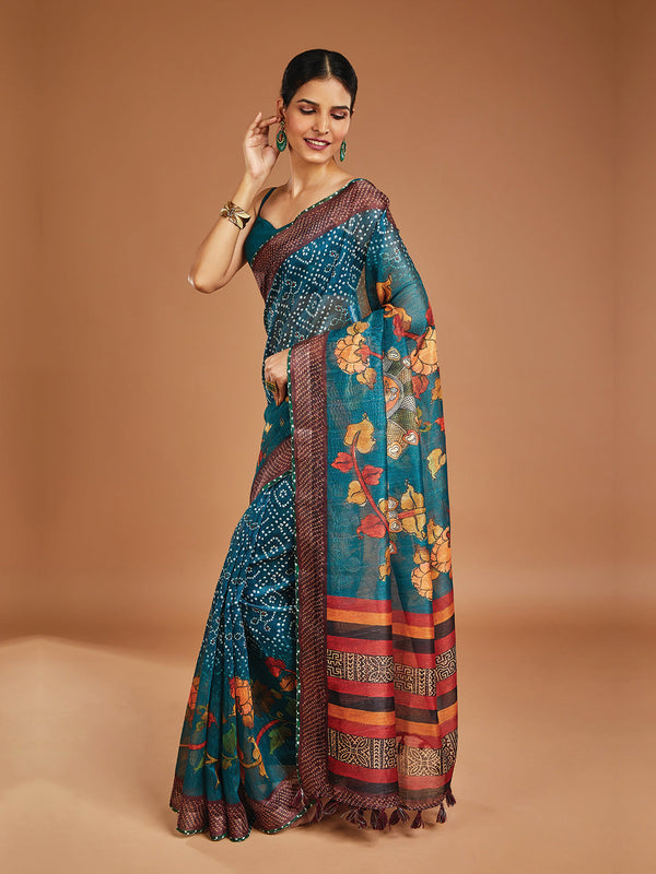 Beautiful Rama and Multi-Color Floral Print Saree