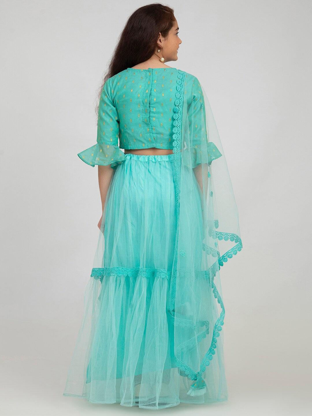 Girl's Sea Green Printed Ready to Wear Lehenga & Blouse With Dupatta - NOZ2TOZ KIDS - Indiakreations