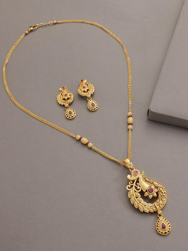 Women's Gold-Plated Maroon Studded Handcrafted Jewellery Set - Jazz and Sizzle - Indiakreations