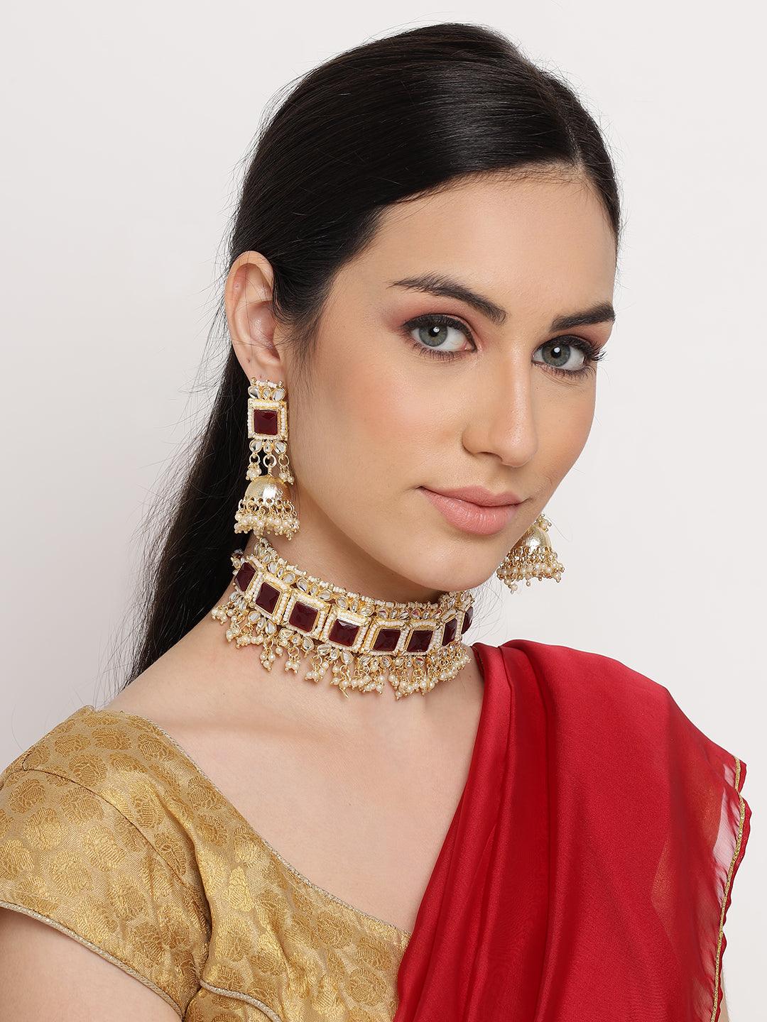 Women's Gold-Plated Mahroon & White Kundan Studded Handcrafted Jewellery Set - Jazz and Sizzle - Indiakreations