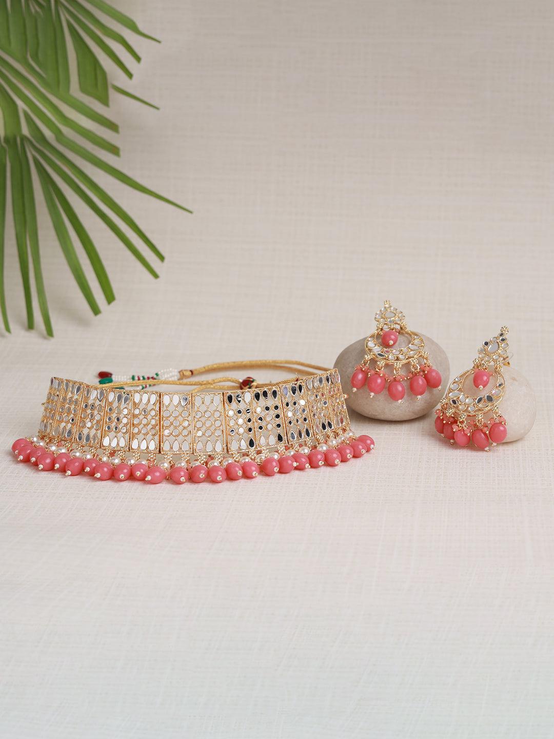 Women's White Silver Plated Pink Beaded Chokers Set - Jazz and Sizzle - Indiakreations