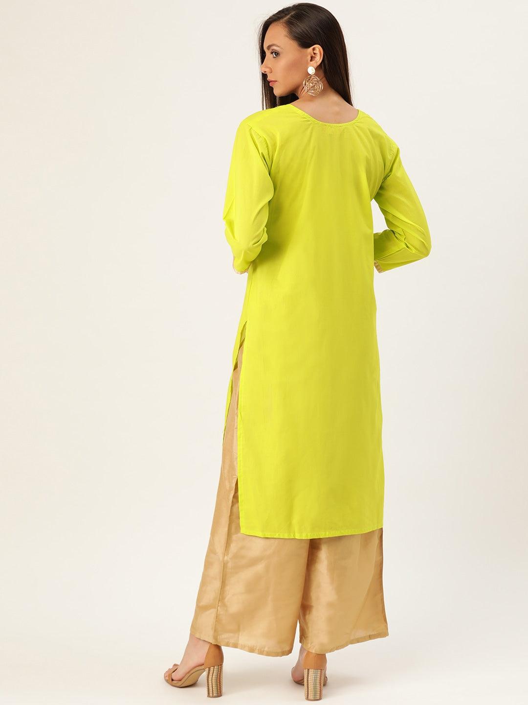 Women's Lime Green & Golden Embroidered Straight Kurta - NOZ2TOZ - Indiakreations