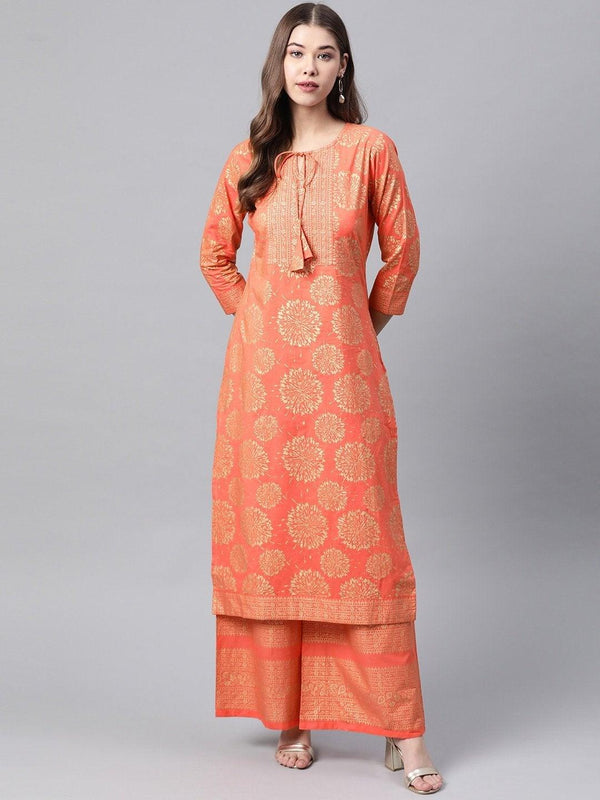 Women's Coral Orange & Golden Printed Pure Cotton Kurta with Palazzos - Meeranshi - Indiakreations