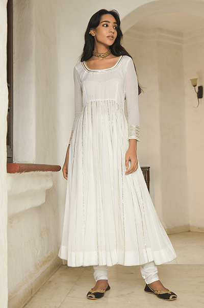 SE White gota embroidered Anarkali with chooridar and dupatta- set of 3 - Indiakreations