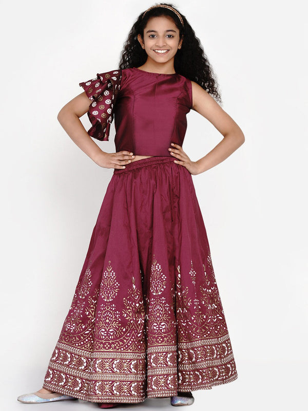 Girl's Burgundy & White Block Print Ready to Wear Lehenga With Choli - NOZ2TOZ KIDS