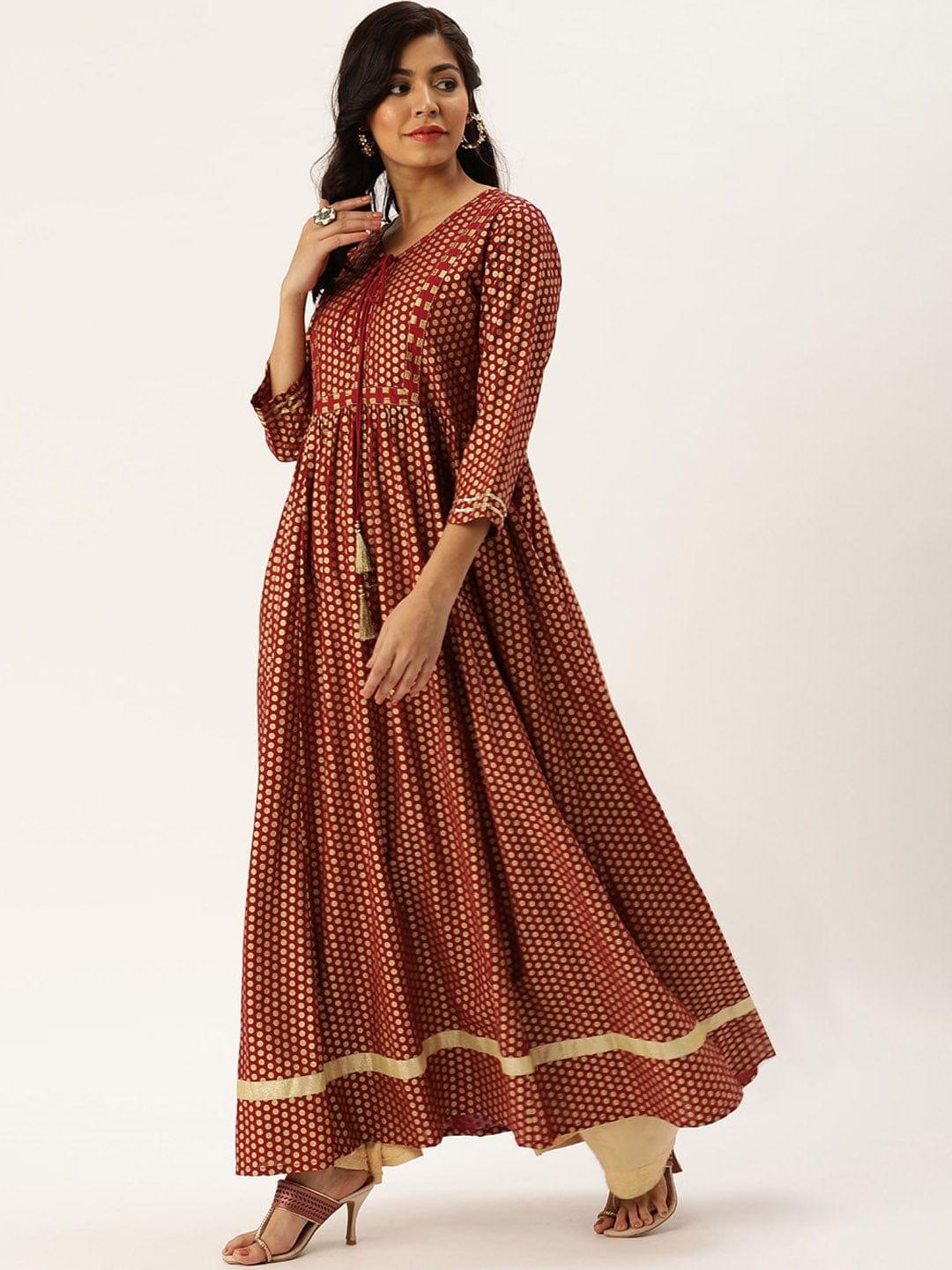 Maroon Geometric Printed Flared Sleeves Anarkali Kurta - Indiakreations