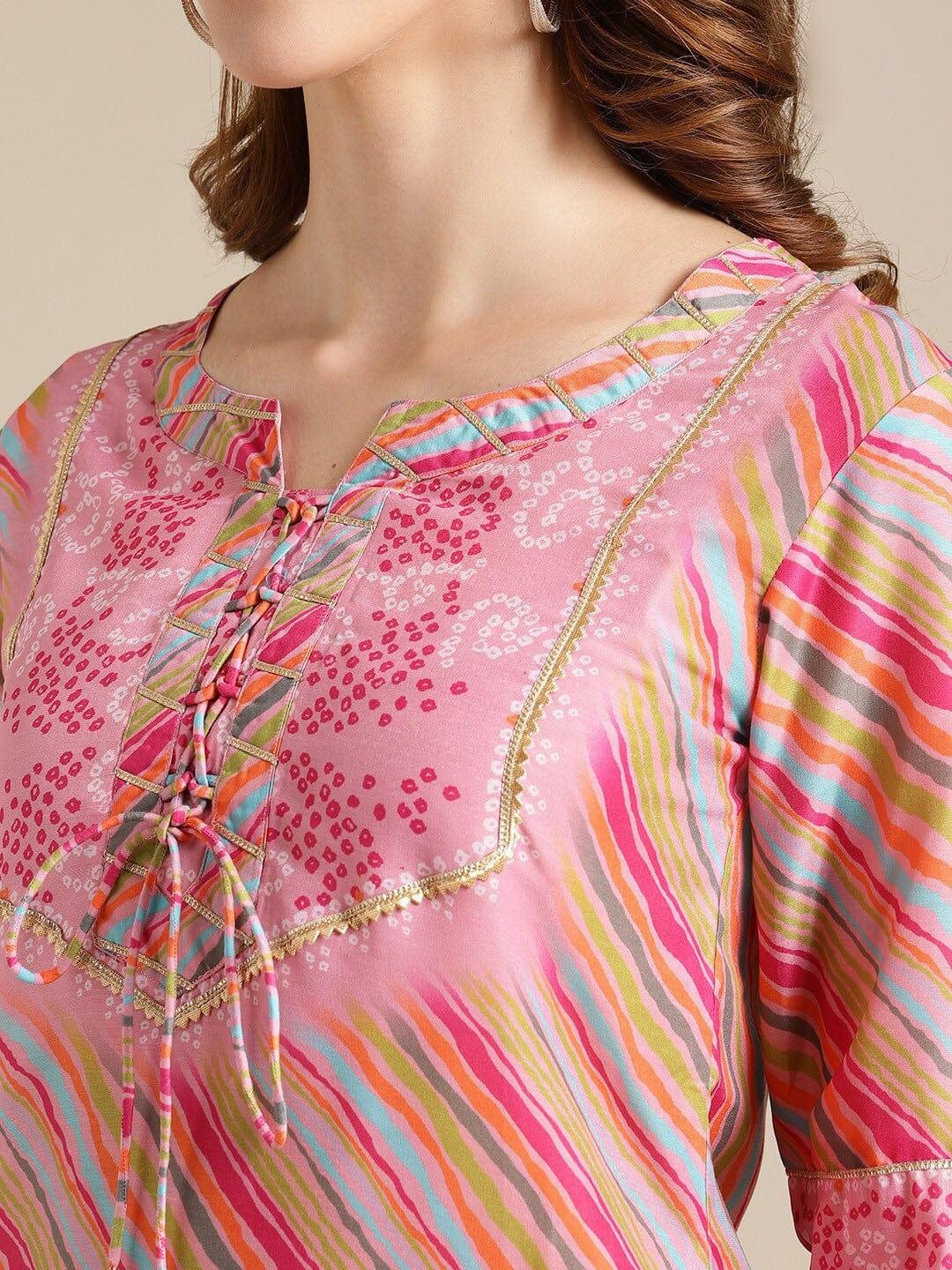 Pink & Red Striped Gotta Patti Kurta - Indiakreations