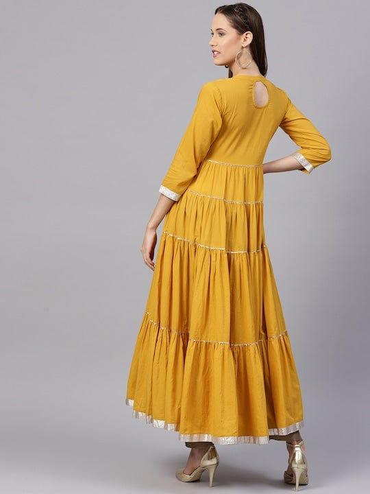 Varanga Women Mustard Yellow Solid Tiered Anarkali Kurta - Indiakreations