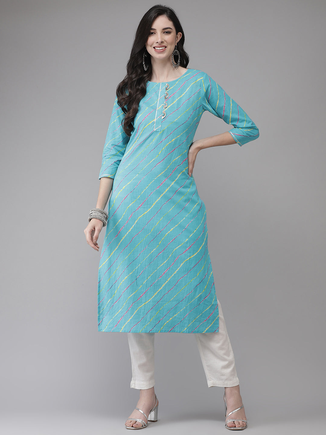 Women's Turquoise Blue & Multicoloured Leheriya Printed Gotta Patti Kurta - Yufta