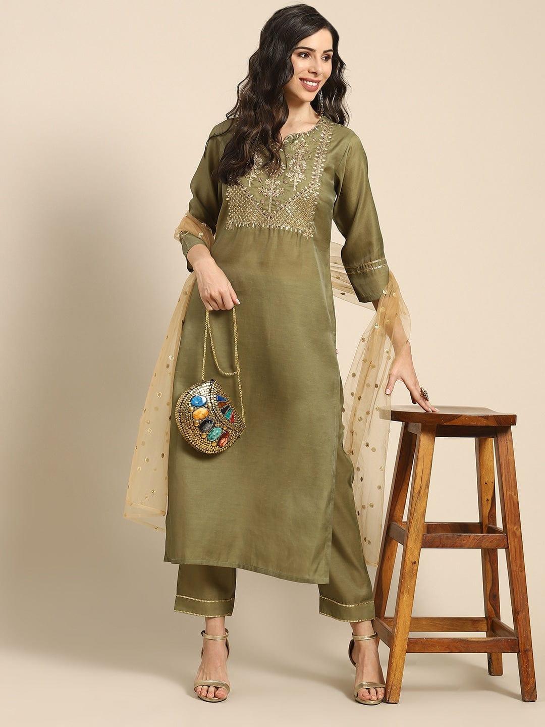 Olive Green & Golden Embroidered Kurta with Trousers & Dupatta - Indiakreations