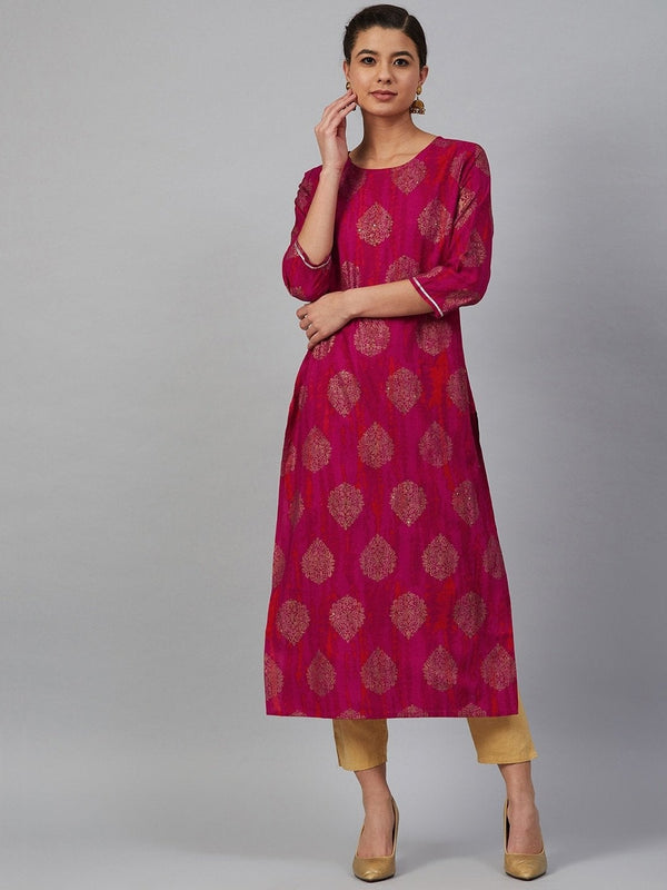 Women's Pink & Golden Printed Straight Dyed Kurta - Meeranshi