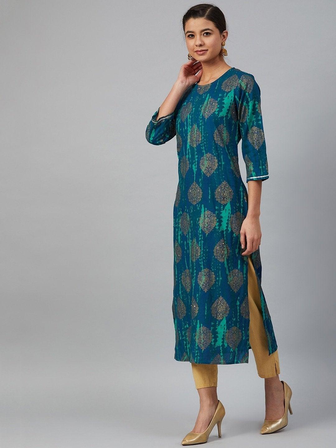 Women's Navy Blue & Green Printed Straight Kurta - Meeranshi - Indiakreations