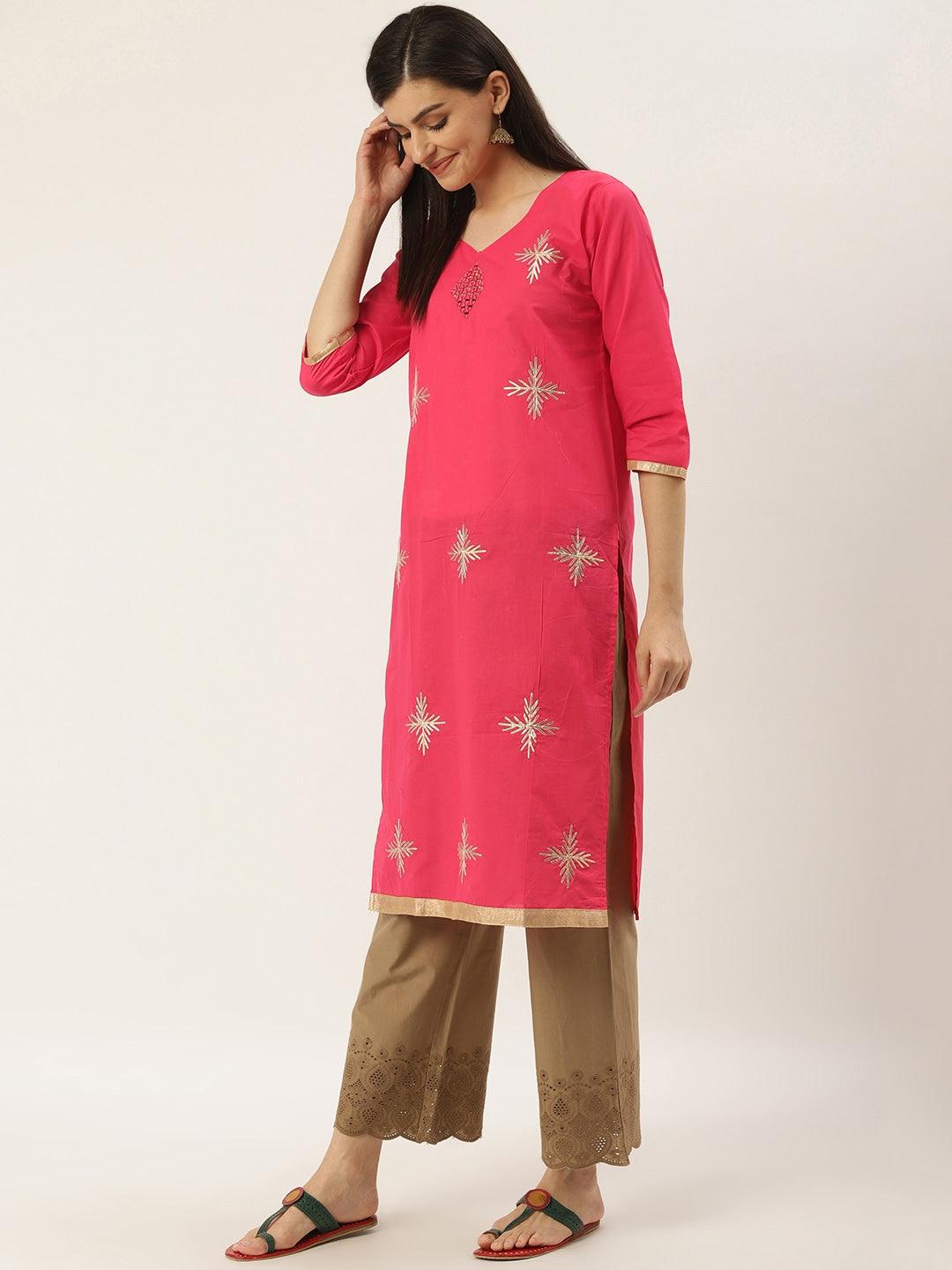 Women's Pink & Golden Gotta Patti Work Straight Kurta - NOZ2TOZ - Indiakreations