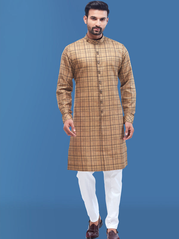 Charming Ochre Checks Cotton Silk Kurta for Men