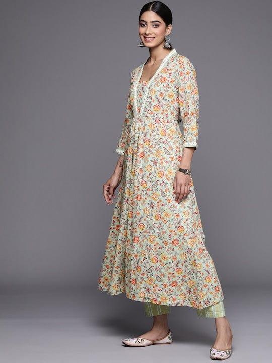 Varanga Floral Printed Regular Mirror Work Kurta With Trousers & Dupatta - Indiakreations