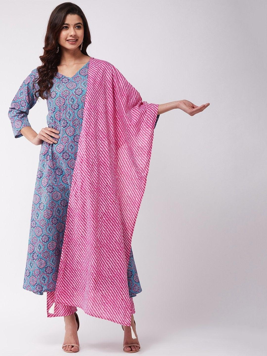 Women's Aqua Pink Kurta Pant Set - InWeave - Indiakreations