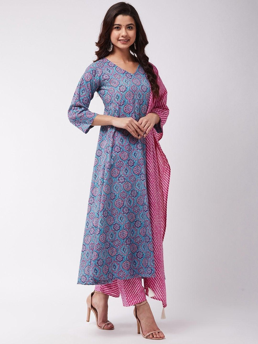 Women's Aqua Pink Kurta Pant Set - InWeave - Indiakreations