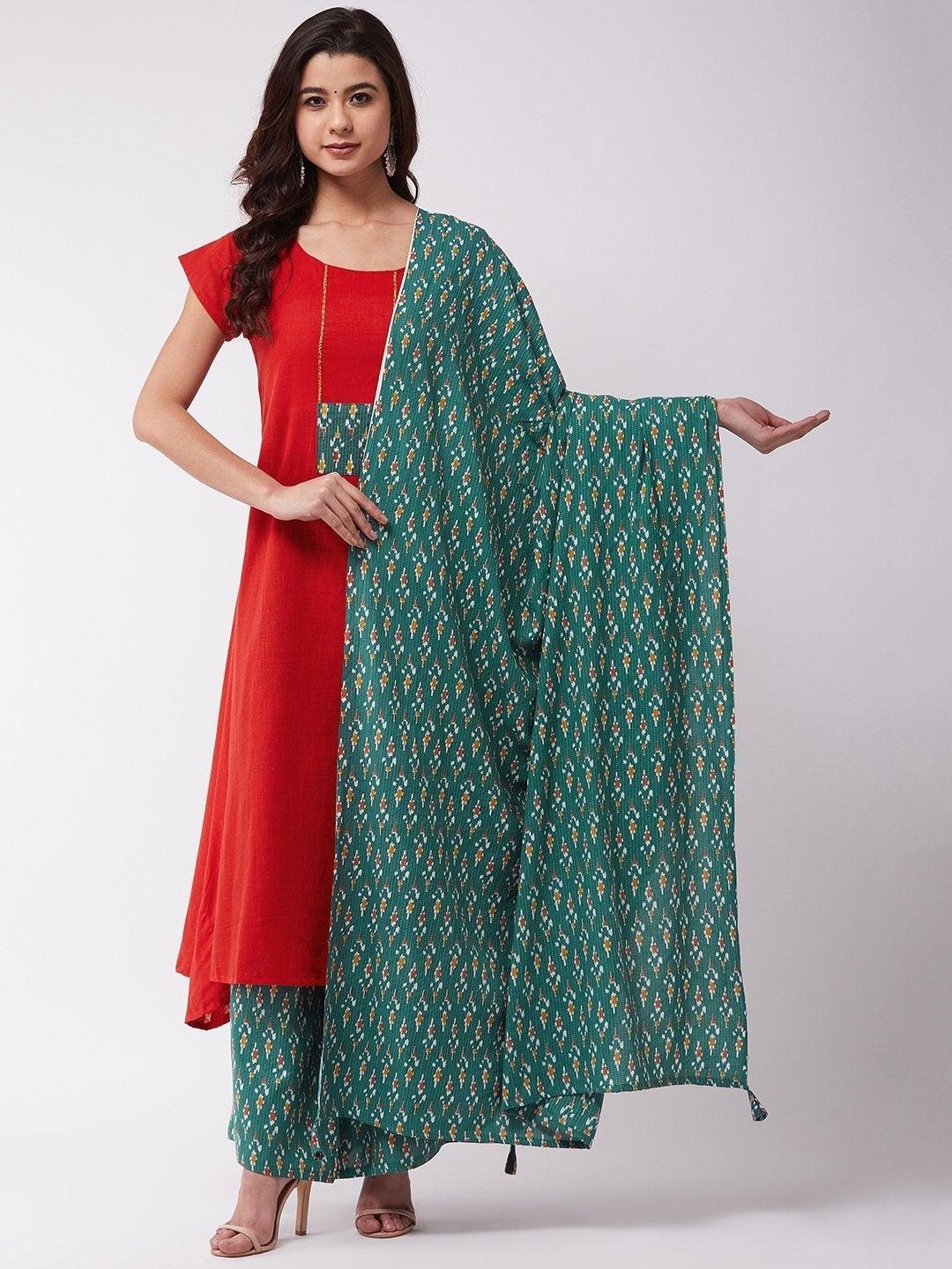 Women's Red Kurta Green Kantha Palazzo Set - InWeave - Indiakreations