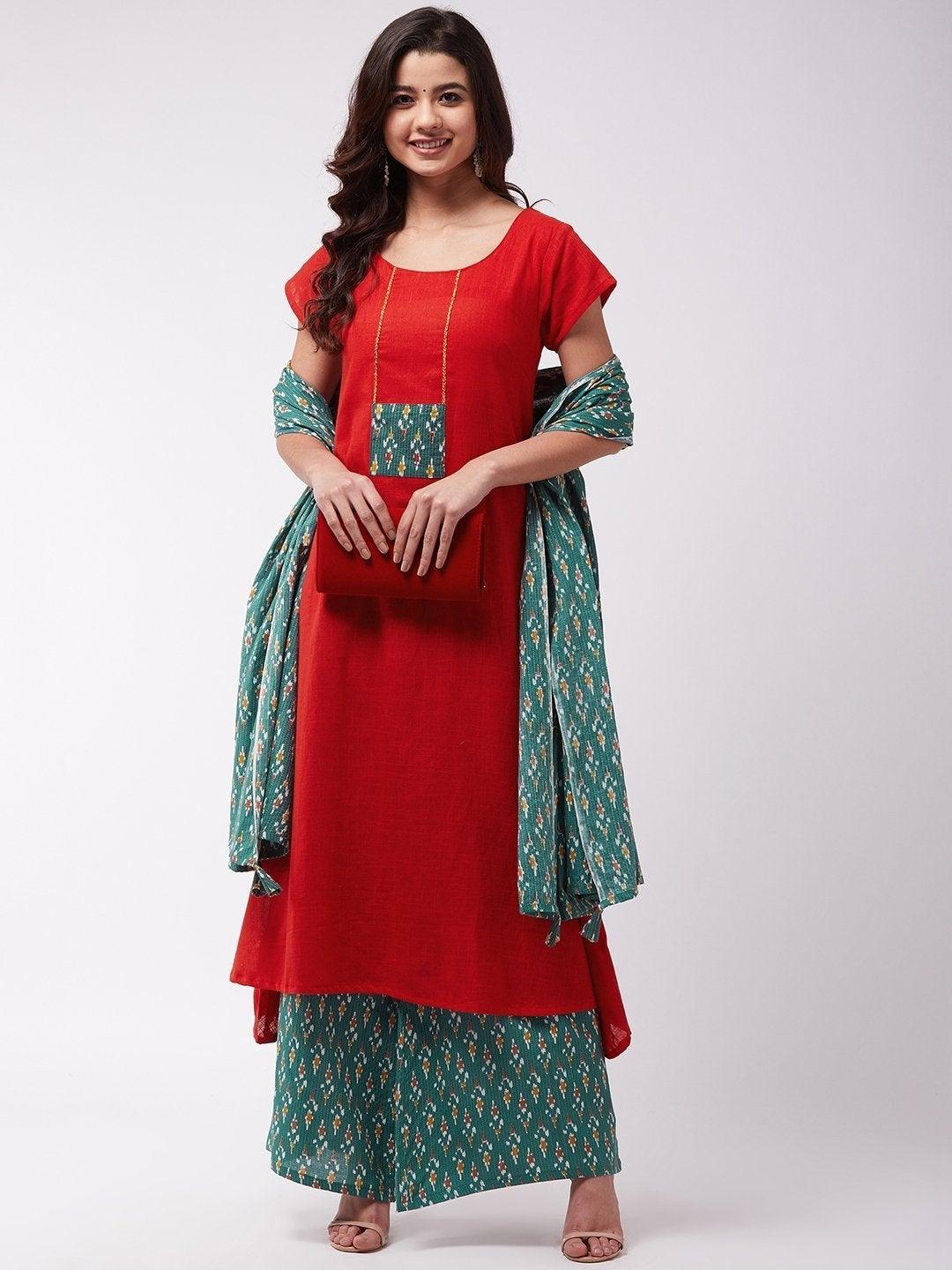 Women's Red Kurta Green Kantha Palazzo Set - InWeave - Indiakreations