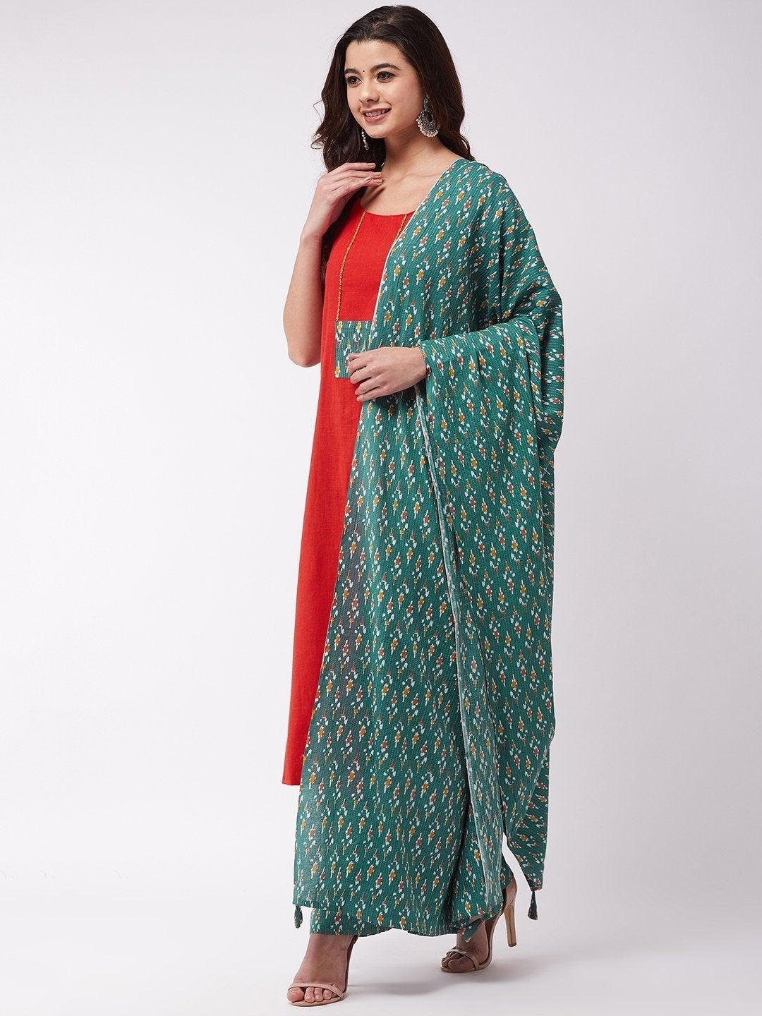 Women's Red Kurta Green Kantha Palazzo Set - InWeave - Indiakreations