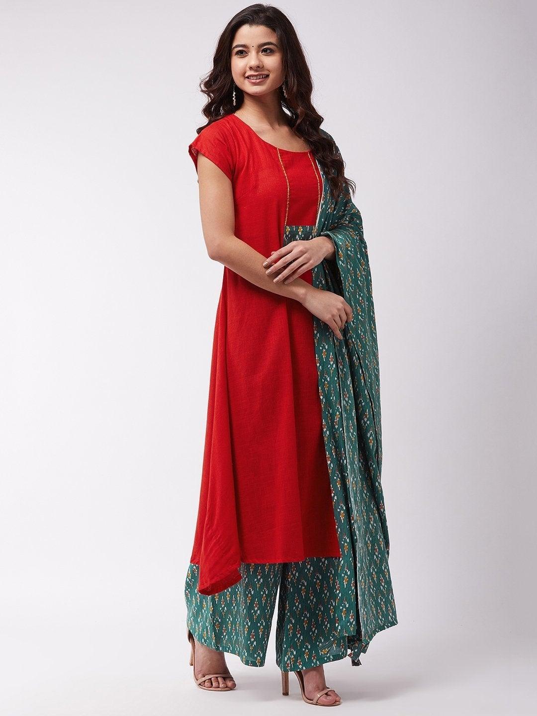 Women's Red Kurta Green Kantha Palazzo Set - InWeave - Indiakreations