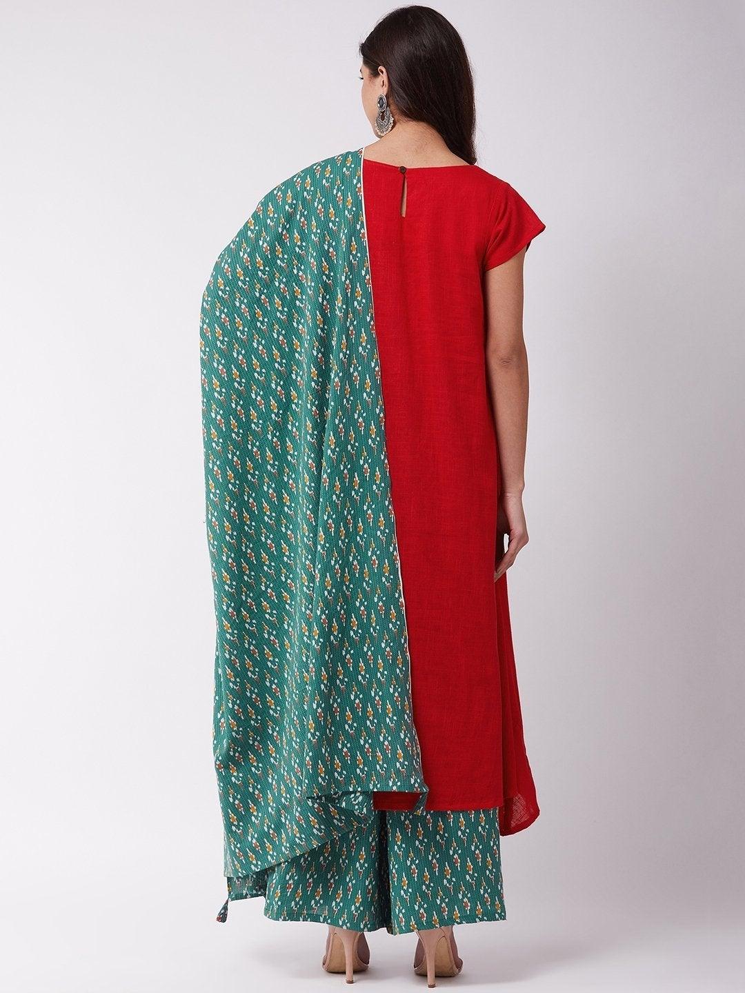 Women's Red Kurta Green Kantha Palazzo Set - InWeave - Indiakreations