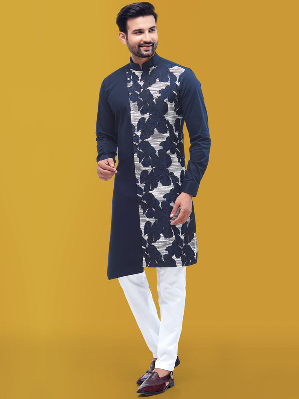 Fantastic Side Buttoned Blue Kurta with Floral Designs