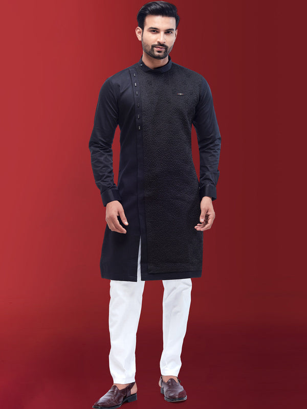 Men Black Indo western Patterned Kurta for Men