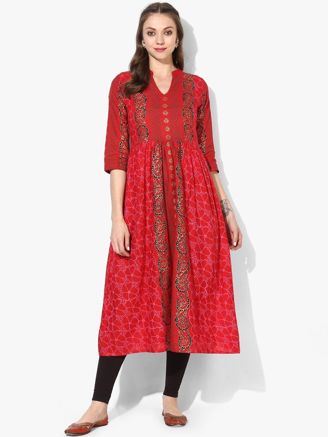 Women's Red Ethnic Motifs Printed Block Print Cotton Anarkali Kurta - Noz2Toz - Indiakreations