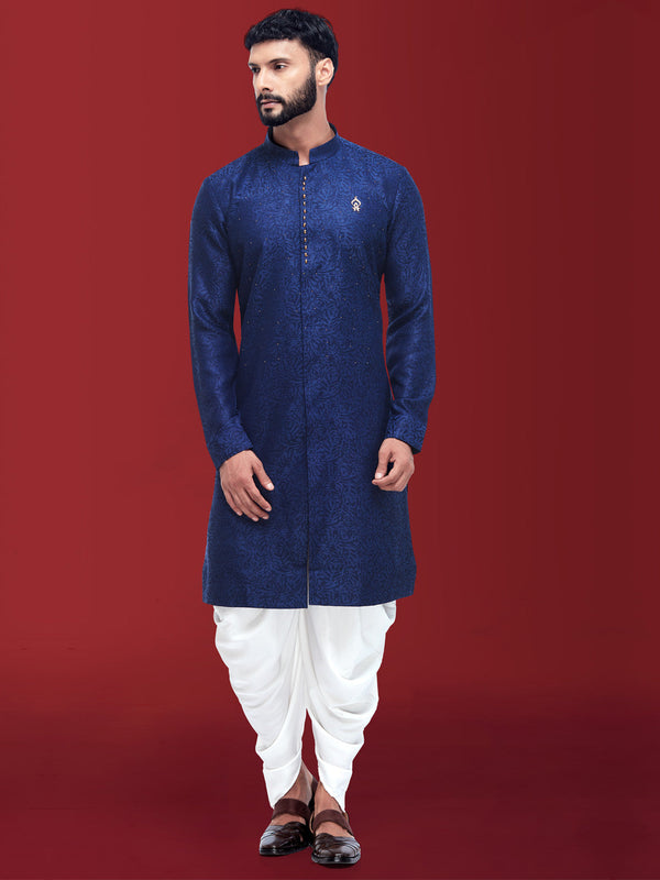 Stunning Blue Modern Style Kurta with Bandhgala Pattern