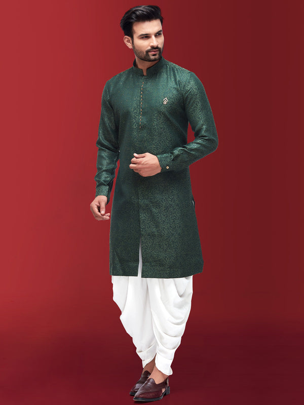 Dark Green Self Printed Kurta with Golden Potlis