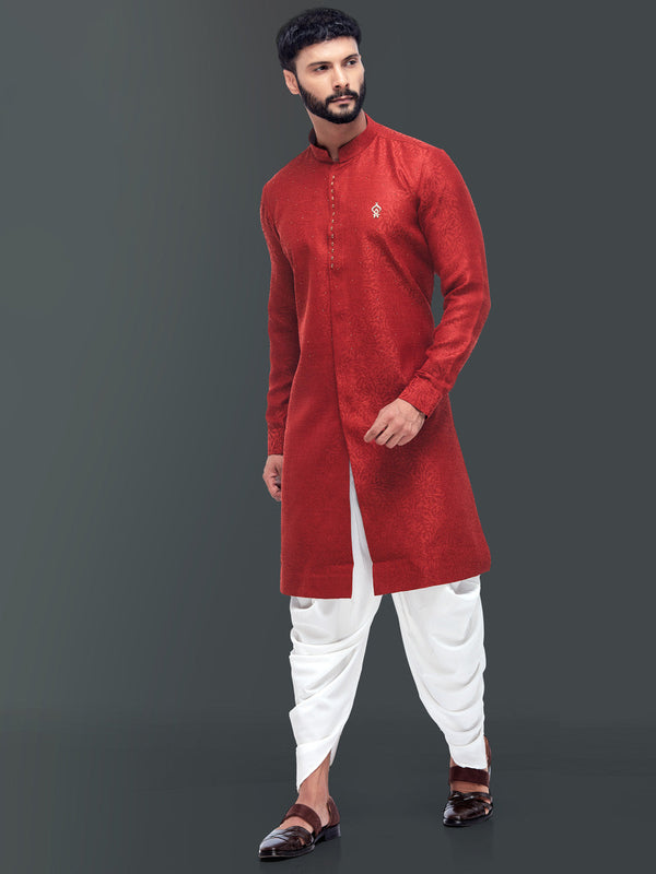 Fierce Red Bandhgala Kurta with Self Embroidery