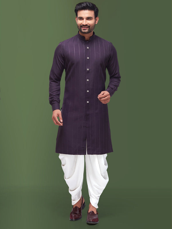 Purple Striped Cotton Silk Rich Kurta for Men