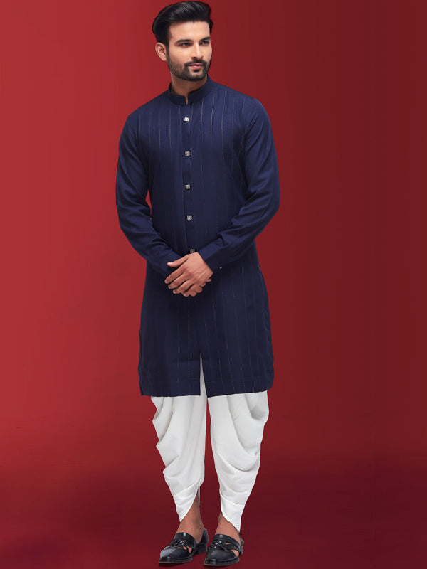 Elegant Dark Blue Kurta for Men in Cotton Silk