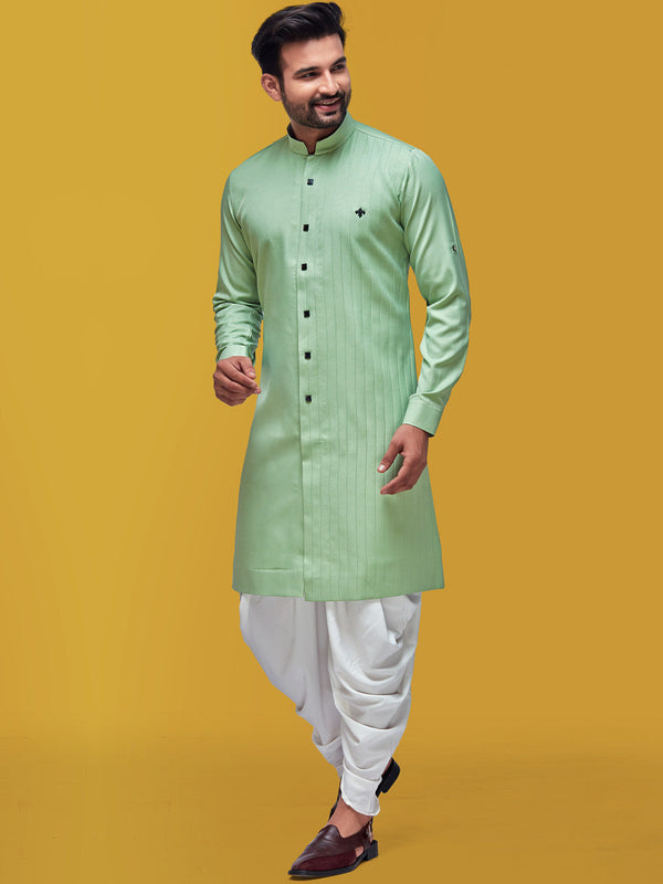 Indowestern Style Sea Green Designer Kurta in Cotton Silk for Men