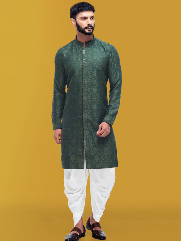 Dark Green Designer Self Printed Kurta in Cotton Silk for Men